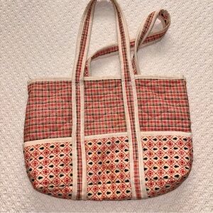 Country Christmas quilted handmade tote plaid/trees craft Bible bag cottage core